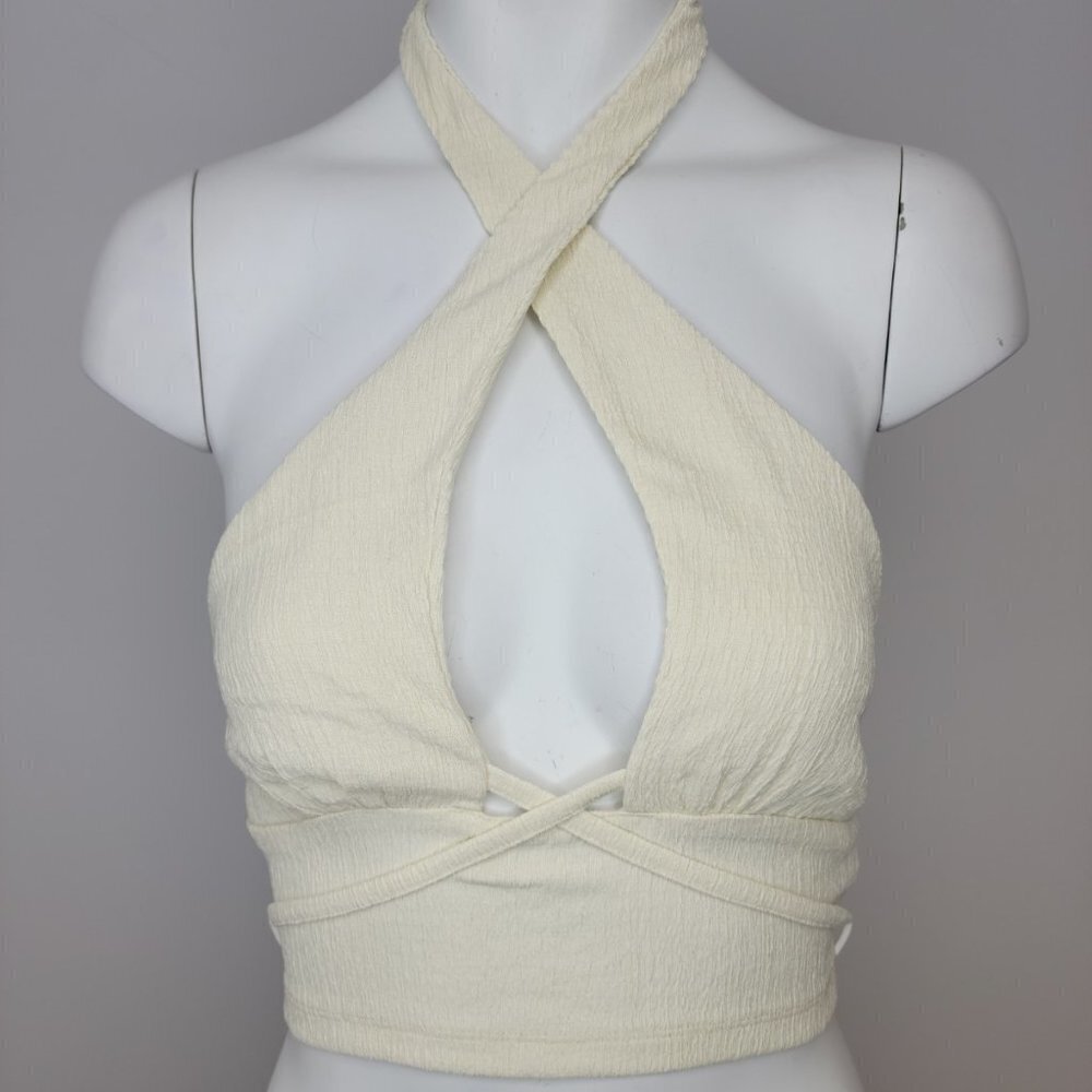𝅺Urban Outfitters Halter Neck Crinkle Cross Crop Top Cream Size Medium